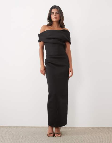 ASOS DESIGN robe longue bardot avec fente en tissu scuba noir - view 1