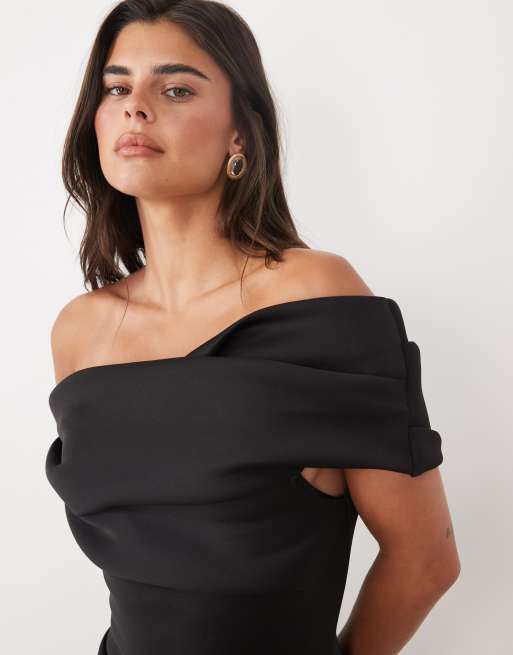 ASOS DESIGN robe longue bardot avec fente en tissu scuba noir, 3 de 4