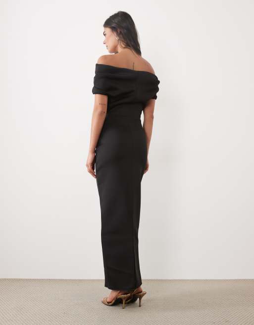 ASOS DESIGN robe longue bardot avec fente en tissu scuba noir, 4 de 4