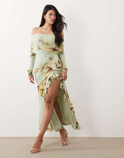 ASOS DESIGN robe longue bardot en tulle avec drapé et détail volanté, imprimé floral menthe - view 1