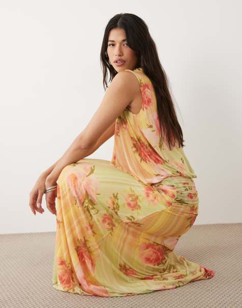 ASOS DESIGN - Robe longue blousante en tulle à fleurs avec jupe à taille basse froncée - Citron - view 1