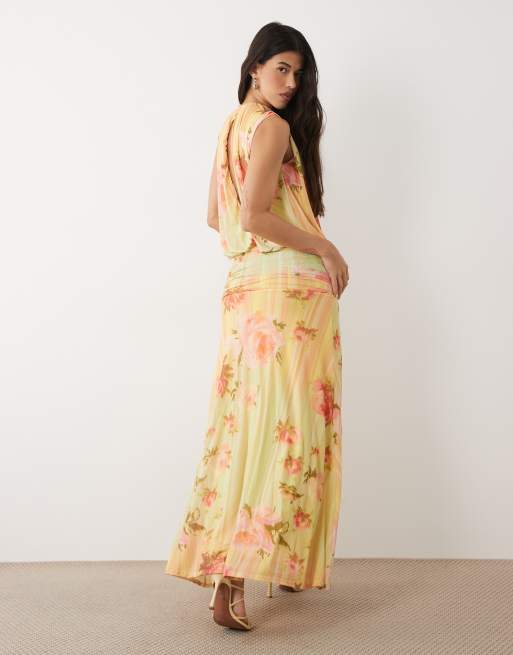 ASOS DESIGN - Robe longue blousante en tulle à fleurs avec jupe à taille basse froncée - Citron, 3 de 4