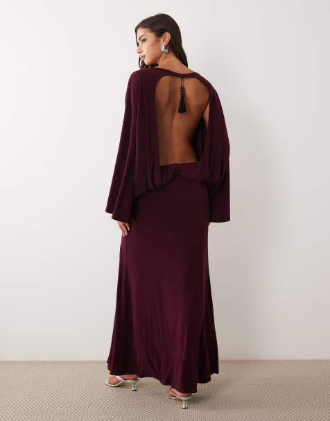 ASOS DESIGN robe longue bordeaux à dos nu et manches larges - view 1