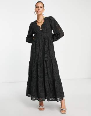 ASOS DESIGN - Robe longue boutonnée à bords festonnés en broderie anglaise - Noir