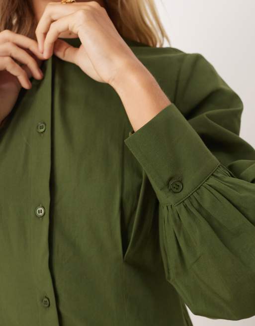 ASOS DESIGN - Robe longue boutonnée à col rond et manches bouffantes - Vert, 4 de 4