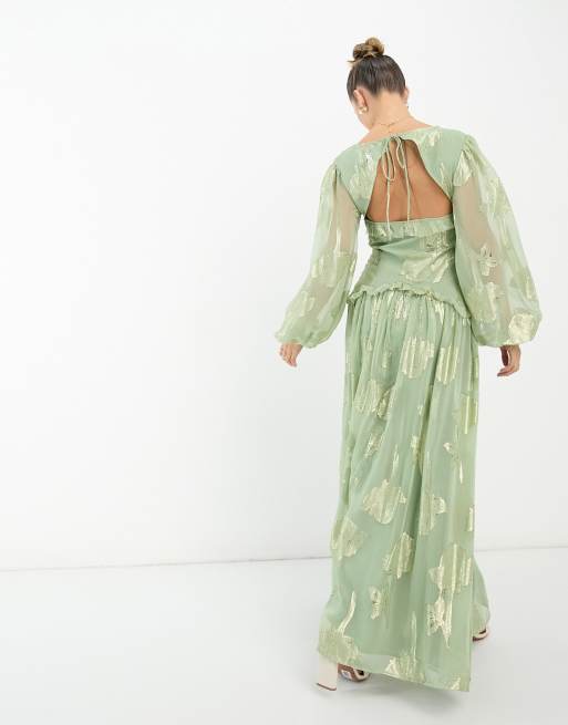 ASOS DESIGN Robe longue boutonn e plis nervur s en jacquard fleuri Vert sauge m tallis