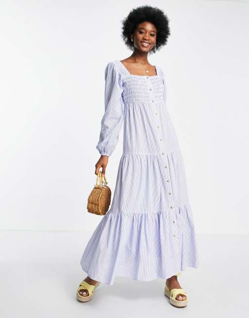 ASOS DESIGN - Robe longue boutonnée en coton avec encolure carrée et corsage froncé à imprimé rayures bleues