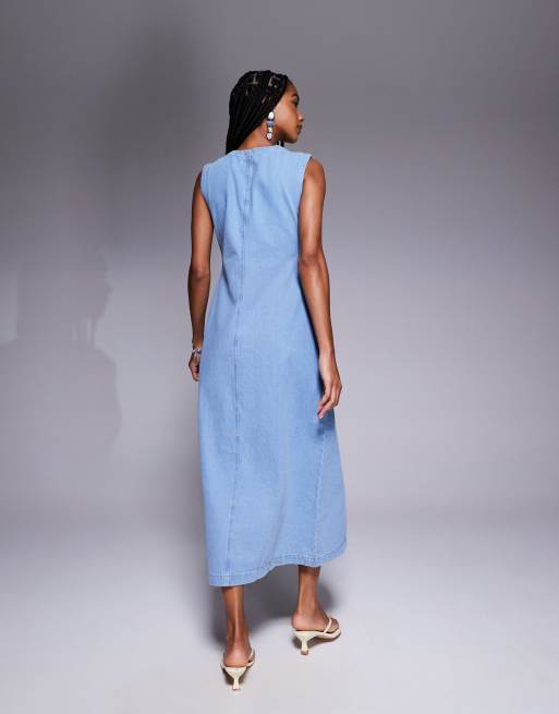 ASOS DESIGN - Robe longue boutonnée en jean à encolure ronde - Bleu délavé, 4 de 4