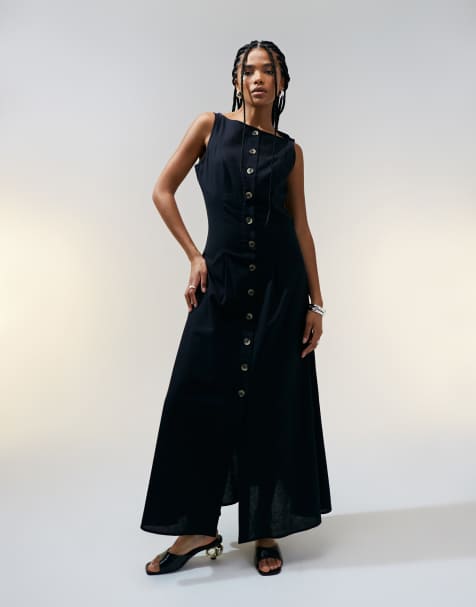 ASOS DESIGN - Robe longue boutonnée style gilet de tailleur à encolure bateau - Noir - view 1