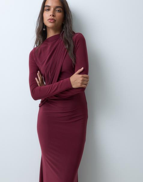 ASOS DESIGN robe longue cache-cœur à col montant près du corps bordeaux - view 1