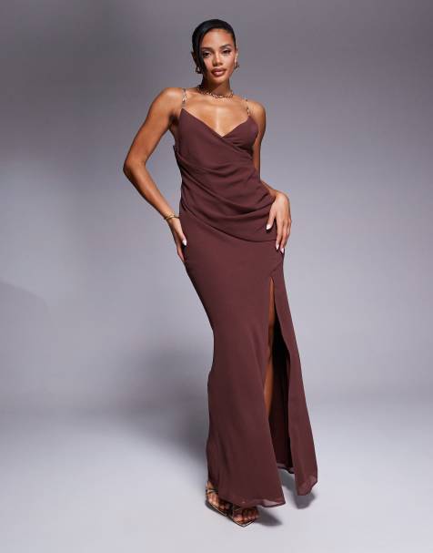 ASOS DESIGN - Robe longue cache-cœur avec bretelles ornementées - Chocolat - view 1