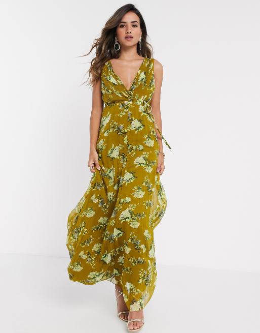 ASOS DESIGN - Robe longue cache-cœur nouée à la taille avec jupe plissée et imprimé fleuri