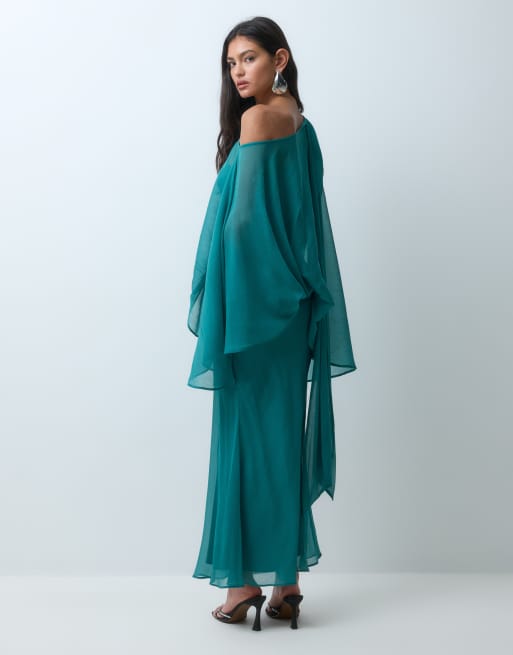 ASOS DESIGN robe longue cape en mousseline à épaules nues avec écharpe, vert canard, 4 de 5