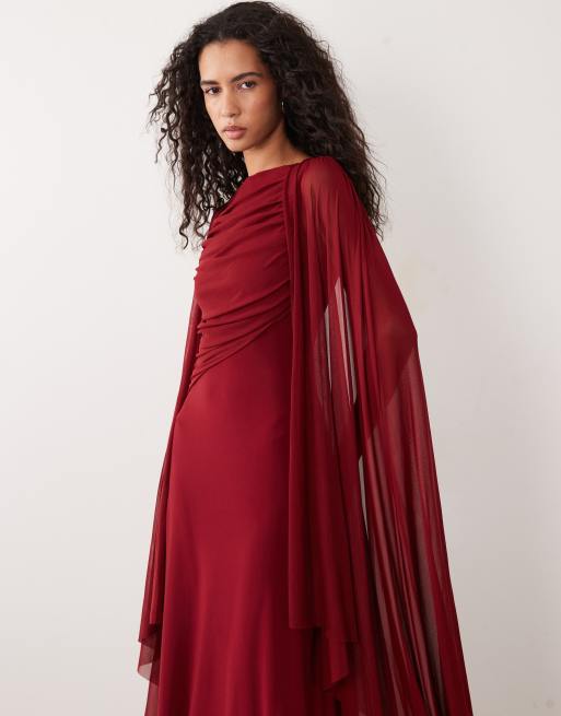 ASOS DESIGN robe longue cape en tulle avec détail de corsage drapé, bordeaux, 4 de 4