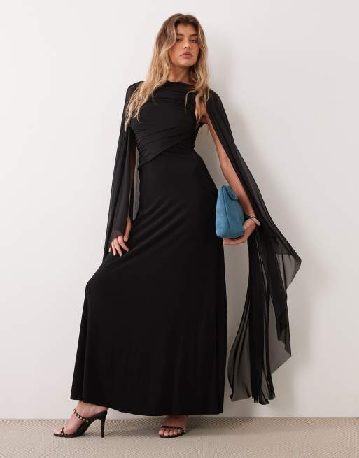 ASOS DESIGN robe longue cape en tulle avec détail de corsage drapé en noir, 3 de 4