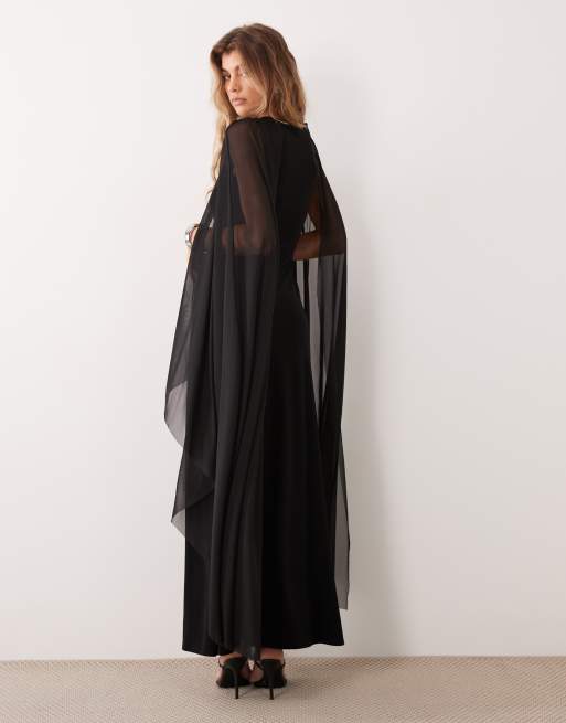ASOS DESIGN robe longue cape en tulle avec détail de corsage drapé en noir, 4 de 4