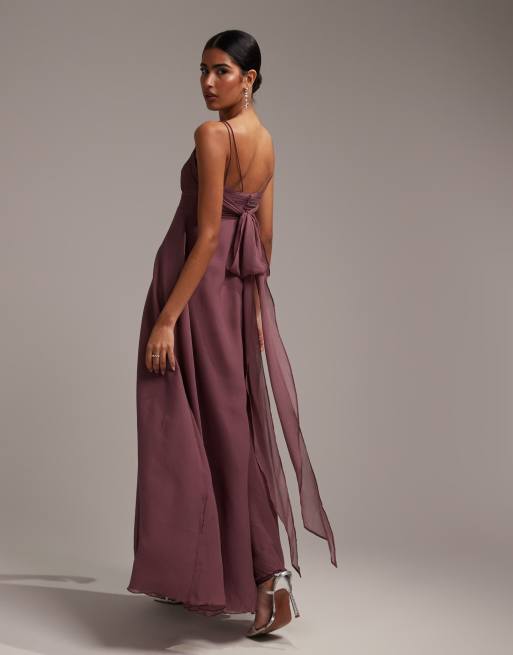 ASOS DESIGN Robe longue caraco pour demoiselle d honneur avec corsage fronc et liens la taille Mauve poudr