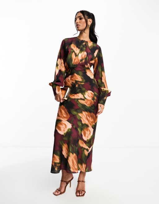 ASOS DESIGN - Robe longue ceinturée à imprimé fleuri flouté