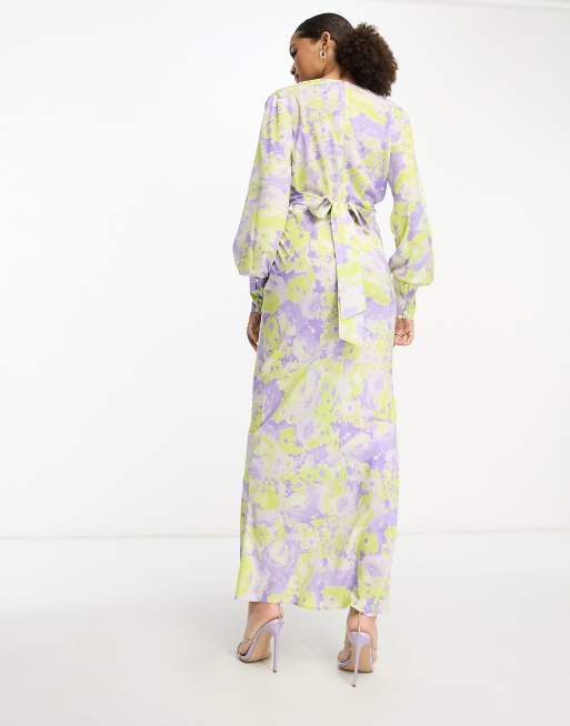 ASOS DESIGN - Robe longue ceinturée à imprimé fleuri - Jaune/lilas, 4 de 4