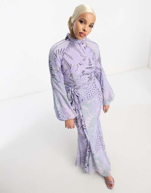 ASOS DESIGN - Robe longue ceinturée avec bordures en dentelle et imprimé animal - Vert/lilas, 3 de 4