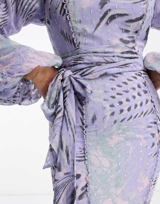 ASOS DESIGN - Robe longue ceinturée avec bordures en dentelle et imprimé animal - Vert/lilas, 4 de 4