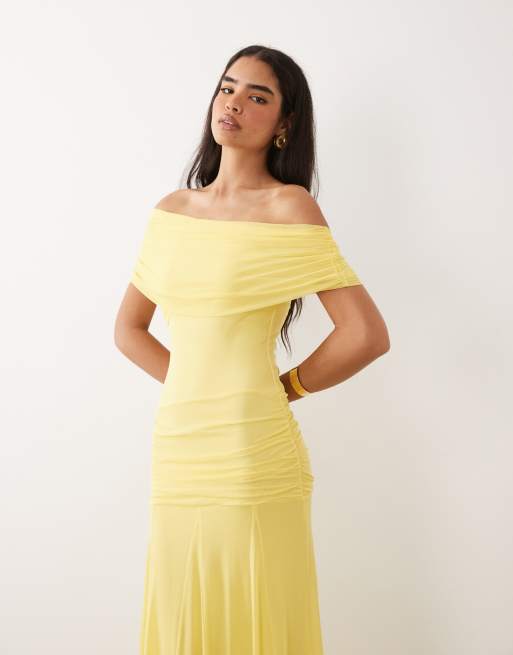 ASOS DESIGN - Robe longue cintrée à épaules dénudées en tulle avec taille basse et godets profonds - Citron, 3 de 4