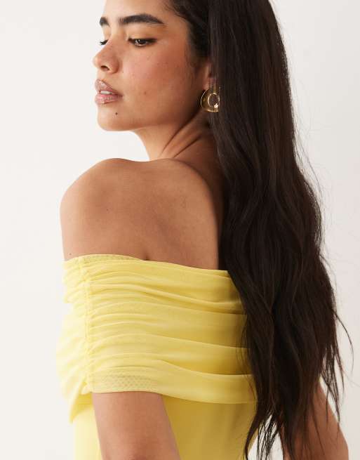 ASOS DESIGN - Robe longue cintrée à épaules dénudées en tulle avec taille basse et godets profonds - Citron, 4 de 4