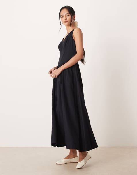 ASOS DESIGN - Robe longue cintrée à la taille à col V et surpiqûres - Noir - view 1