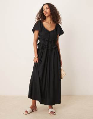 Robe longue cintrée à la taille avec manches évasées - Noir 34