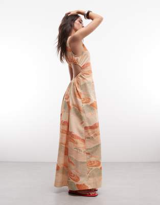 Robe longue cintrée à la taille en coton et lin à imprimé coucher de soleil-multicolore 42