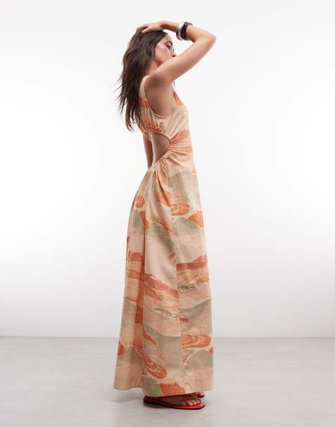 ASOS DESIGN - Robe longue cintrée à la taille en coton et lin à imprimé coucher de soleil - view 1