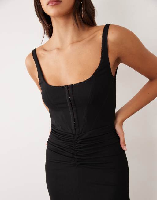ASOS DESIGN robe longue corset à encolure arrondie avec agrafes, noire, 2 de 4