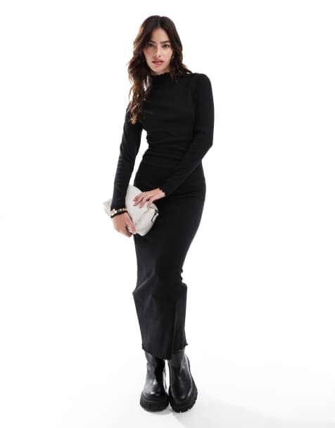 ASOS DESIGN - Robe longue côtelée à col montant et manches longues - Noir - view 1