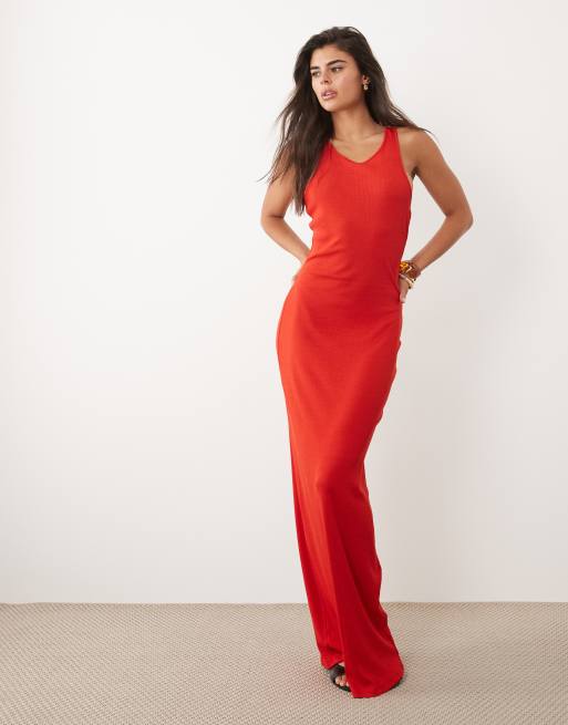 ASOS DESIGN - Robe longue côtelée à dos nageur - Rouge, 2 de 4