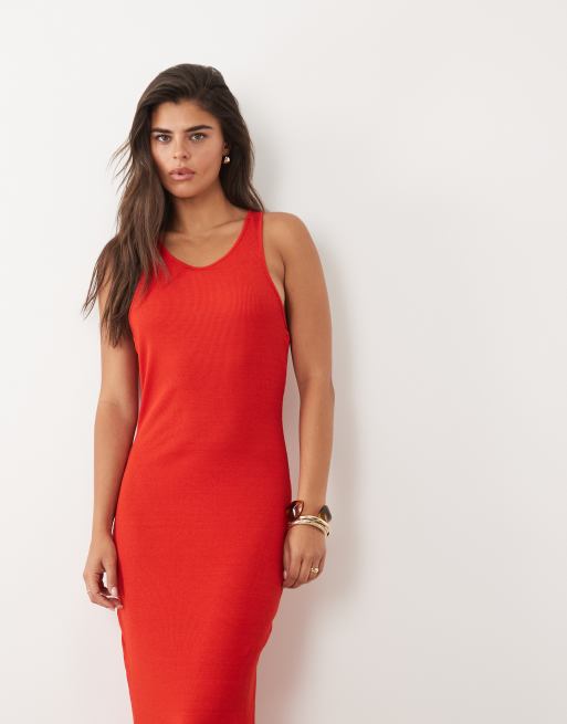 ASOS DESIGN - Robe longue côtelée à dos nageur - Rouge, 3 de 4