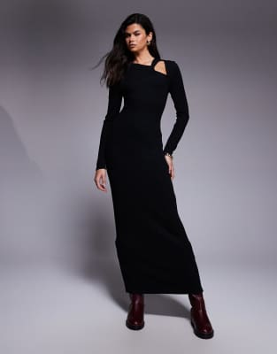 Robe longue côtelée à encolure asymétrique avec détail naud - Noir-Brown 42