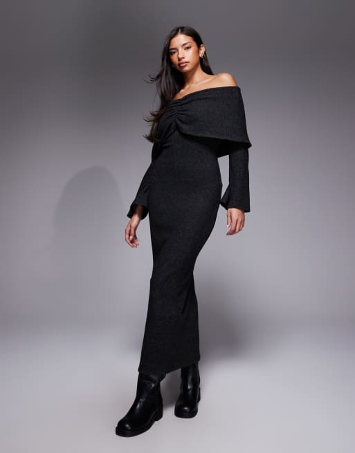 ASOS DESIGN - Robe longue côtelée à manches longues avec encolure Bardot rabattue - Anthracite, 2 de 4