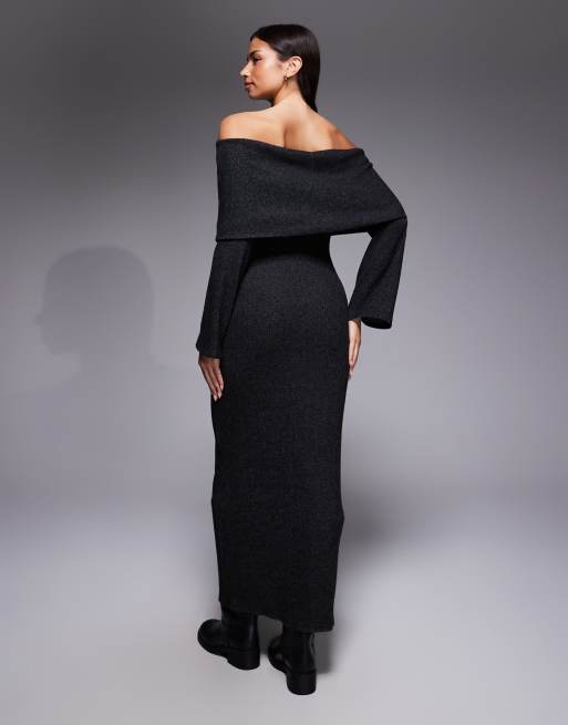 ASOS DESIGN - Robe longue côtelée à manches longues avec encolure Bardot rabattue - Anthracite, 4 de 4