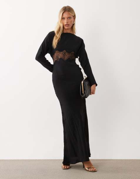 ASOS DESIGN robe longue coupe biais noire avec appliqué en dentelle sur la manche - view 1