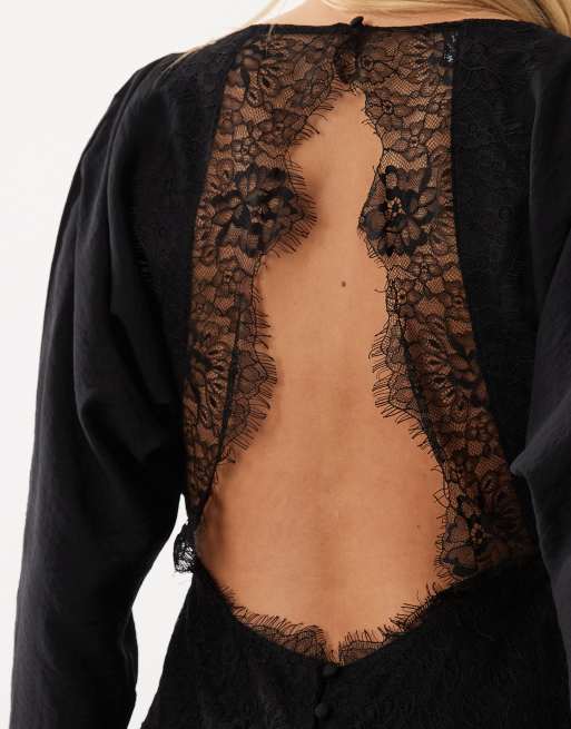 ASOS DESIGN robe longue coupe biais noire avec appliqué en dentelle sur la manche, 4 de 4