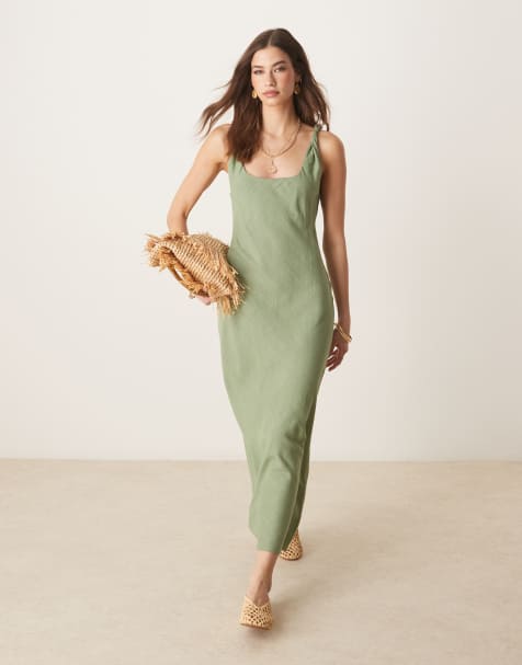 ASOS DESIGN - Robe longue coupe en biais effet lin à bretelles torsadées - Olive - view 1