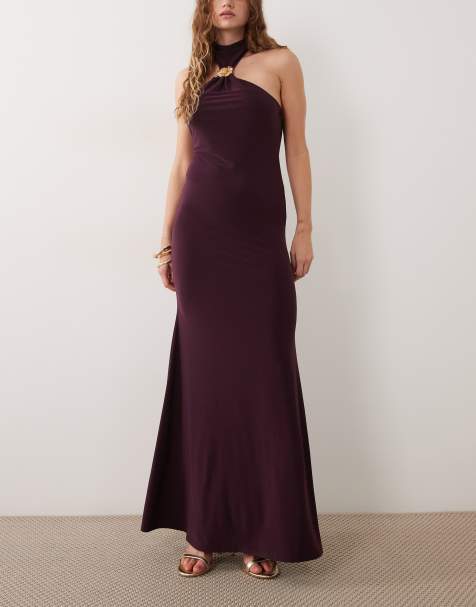 ASOS DESIGN robe longue coupe sirène à col licou montant, liseré doré, prune - view 1