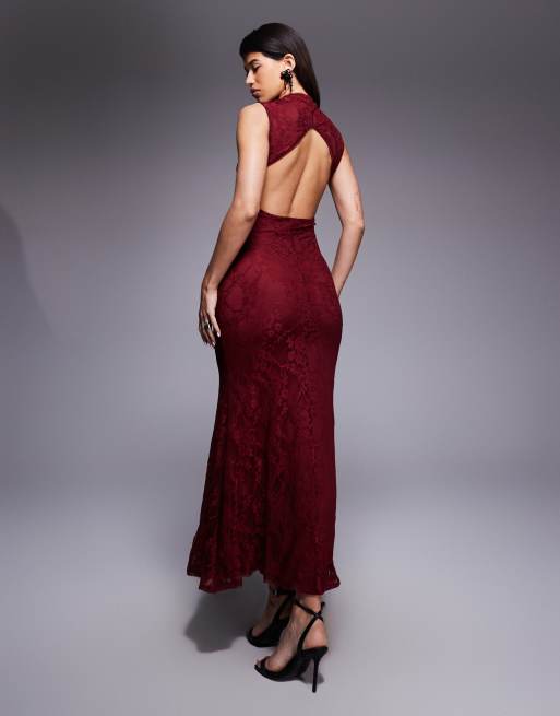 ASOS DESIGN - Robe longue coupe sirène en dentelle à encolure carrée et épaules structurées - Bordeaux, 2 de 4