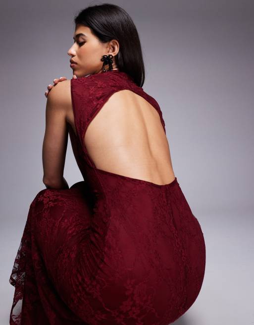 ASOS DESIGN - Robe longue coupe sirène en dentelle à encolure carrée et épaules structurées - Bordeaux, 3 de 4