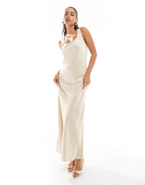 ASOS DESIGN - Robe longue coupée en biais à encolure dégagée - Champagne - view 1