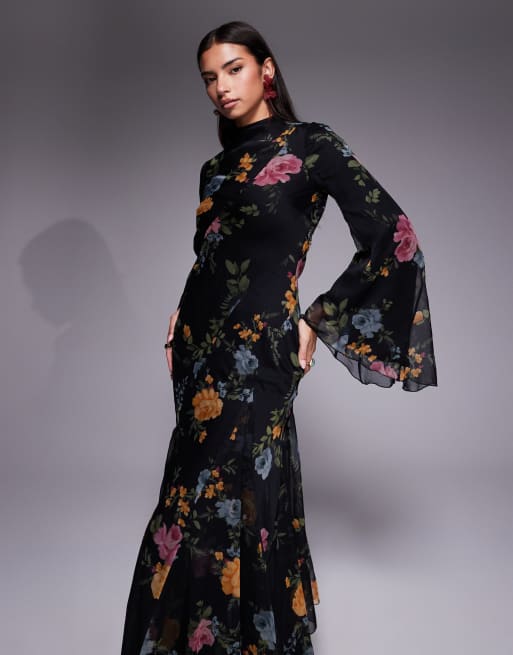 ASOS DESIGN - Robe longue coupée en biais à godets superposés et manches longues - Noir fleuri, 2 de 4