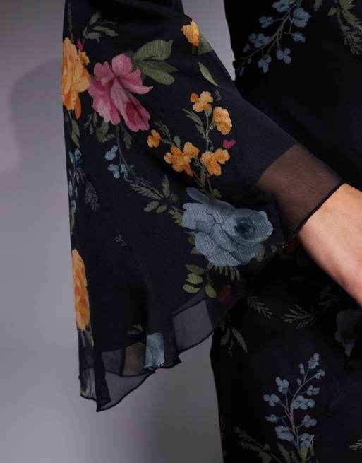ASOS DESIGN - Robe longue coupée en biais à godets superposés et manches longues - Noir fleuri, 3 de 4