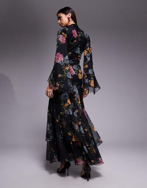 ASOS DESIGN - Robe longue coupée en biais à godets superposés et manches longues - Noir fleuri, 4 de 4