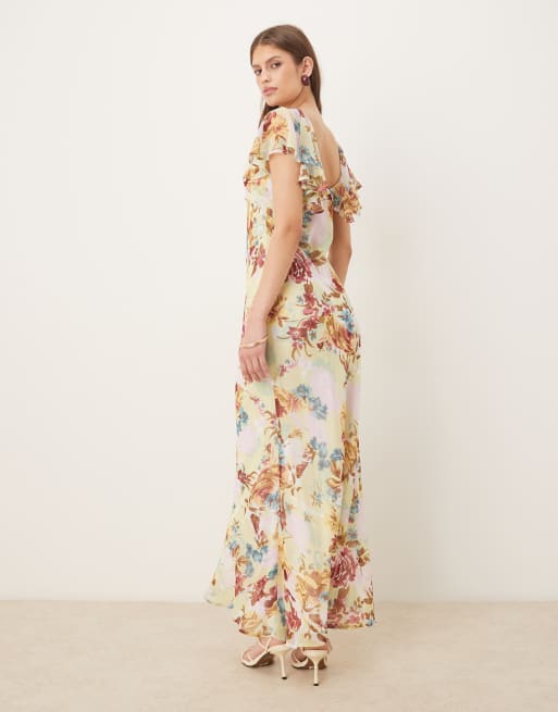 ASOS DESIGN - Robe longue coupée en biais à manches volantées et encolure dégagée - Vert fleuri, 2 de 4