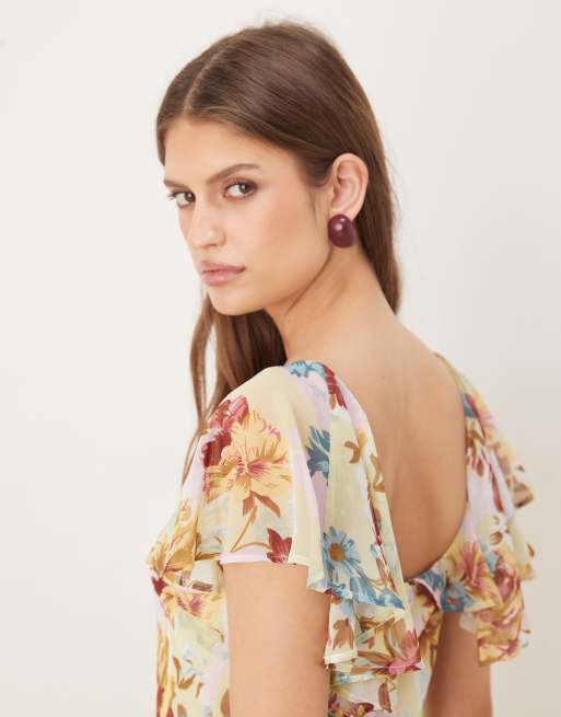 ASOS DESIGN - Robe longue coupée en biais à manches volantées et encolure dégagée - Vert fleuri, 3 de 4